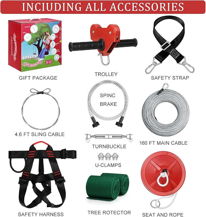 EDOSTORY 160 Feet Backyard Zip Line Kit for Kids and Adult Up Outdoor to 330lb with Stainless Steel Ziplines Spring Brake and Safety Harness, Christmas and Birthday Gifts for Kids(Red)