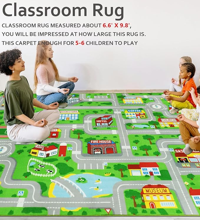Educational Road Traffic Carpet Kids Carpet Playmat Car Rug Fun City Life Map Kids Car Rug Non Slip Play Carpet for Children Playroom Bedroom Classroom Decor (Green, 6'6''x9'8'')