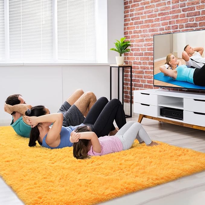 Amearea Shag Fluffy Area Rug for Bedroom Girls Living Room, Extra Soft and Fuzzy Shaggy Rugs, Non Slip, Solid Color Carpet Mat for Boys Nursery Home, Orange 6x9 Feet