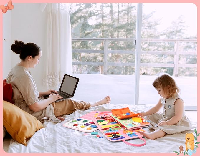 14 Pages Busy Board for Toddlers 2-4,Montessori Travel Toy for Plane/Car,Educational Sensory Toy for Toddlers 1-3,Preschool Activities Board for Developing Fine Motor Skills,Gift for Boys/Girls