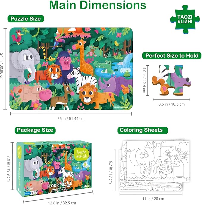 TAOZI&LIZHI Floor Puzzles for Kids, Jungle Animals Jigsaw Puzzle for Kids Ages 3-5, 4-8, Christmas Toddler Puzzles with Hand-held Gift Box, Preschool Learning & Education Toys(46 pcs, 2 x 3 feet)
