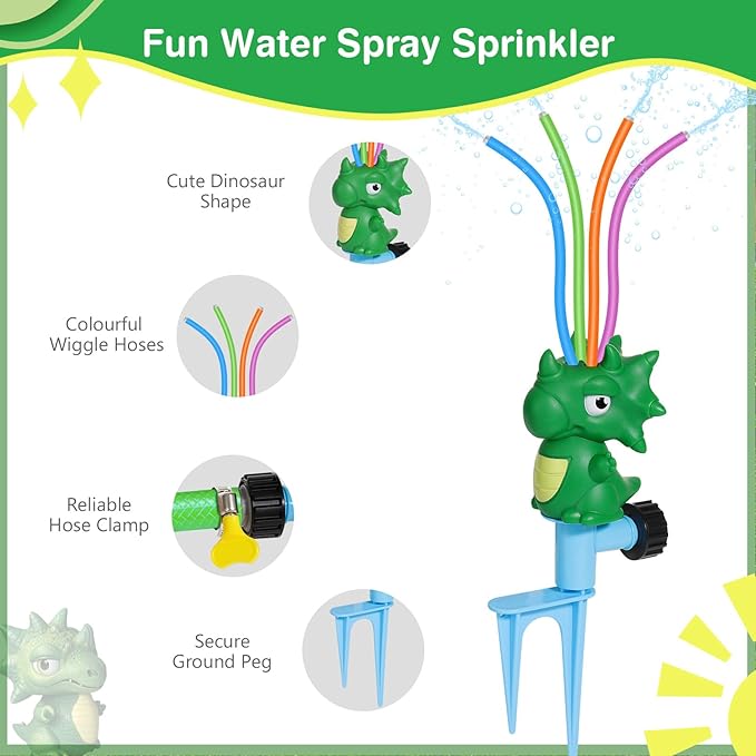 MoKo Water Sprinkler for Kids, Dinosaur Toddler Outdoor Toys with 4 Wiggle Tubes and Hose Clamp, Outdoor Play Toys Spray Up to 8ft, Summer Water Toys Sprinklers for Yard Lawn Garden, 1 Pack, Green