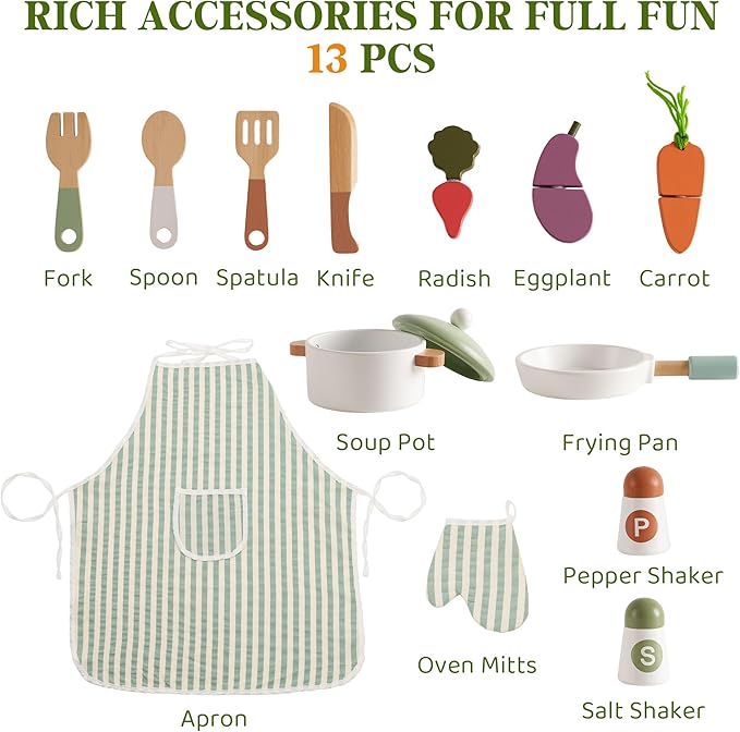 ROBOTIME Play Kitchen for Kids Toddlers, Wooden Pretend Play Kitchen Set Toy with Cutting Food Set, Toys Kitchen Gift for 3+ Year Old Kids, Girls & Boys