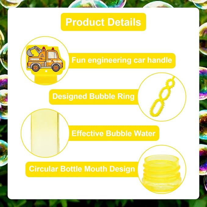 24 Pack Construction Truck Bubble Wands for Kids - Large Cartoon Excavator Bubbles Bulk with Refill Solution Toys for Carnival, Goodie Bag Stuffers, Boys Girls Birthday Gifts, Christmas Party Favors