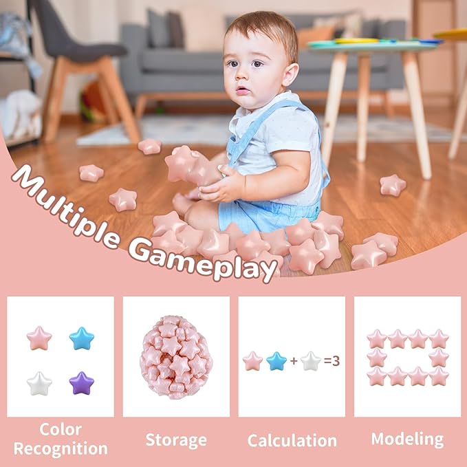 Star ball pit balls 100 Phthalate Free BPA Free Crush Proof 2.16 Inches Star Shape for Pastel Plastic Balls for Ball Pit Ideal Gift for Toddlers Babies Kids Pool Water Toys Play Tent, Pearl Pink