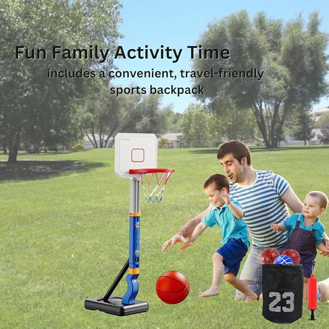 Toddler Kids Basketball Hoop, Height-Adjustable Indoor & Outdoor Portable Basketball Goal for Swimming Pool & Poolside Play, Playset for Boys & Girls with 4 Balls, 1 Gym Bag, 1 Pump, Blue