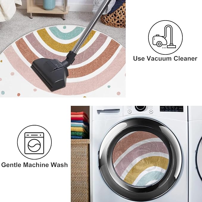 STARUIA Colorful Round Rug for Nursery, 4 Ft Rainbow Washable Rug for Playroom, Boho Kids Rug Non-Slip Soft Bedroom Carpet for Classroom Teepee Princess Castle