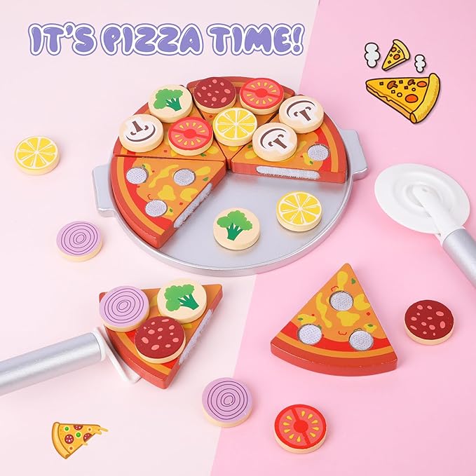 Wooden Pizza Toy for Kids, Toddlers Pizza Counter Playset, Pretend Play Food Set Kitchen Accessories with Bake Oven, Gifts for 3 4 5 6 Years Old Boys Girls