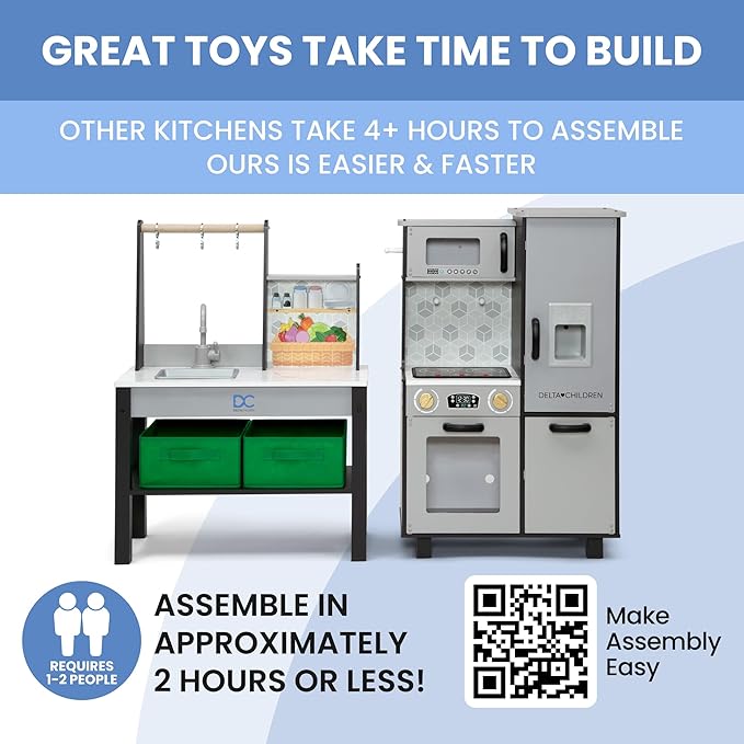 Delta Children Gourmet All-in-One Corner Play Kitchen - Toy Kitchen Playset with Safe & Heatless Stove with Lights, Oven, Sink, Fridge/Freezer with Ice Maker and 20 Accessories, Grey