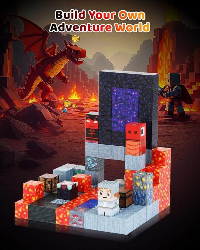 115PCS Magnetic Blocks - Building Toys for Boys Girls 3+, with 20 Unique Patterns, Lava Rivers, Volcanoes, & Dragons, STEM Sensory Toys for Kids Boys Girls Ages 3 4 5 6 7 8 9 Birthday Gifts