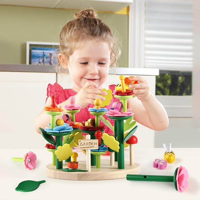 Wooden Flower Garden Building Toys for Kids, STEM Educational Activity Preschool Kit Gift for Boys Girls Age 3 4 5 6 7 Years Old, Stacking Game for Toddlers Build a Bouquet Spring Gifts