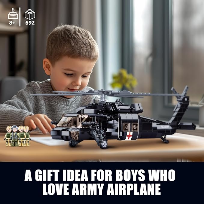 UH-60 Black Utility Helicopter Building Set for Adults, Compatible with Lego Military Army Airplane, Hawk Plane Model Kit with 4 Soldier Figures, Birthday Gift Toys for 8-14 Boys Kids (692 PCS)