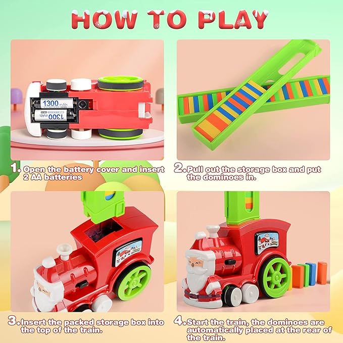 B-Qtech Domino Train Toy Set for Kids Christmas House, Automatic Electric Domino Train Dominoes Blocks Stacking Toys Creative Games New Year Gifts for Kids Boys Grils Ages 3-5 5-8