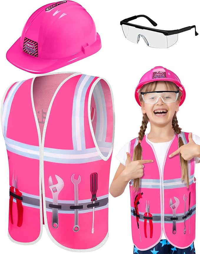 Handepo Construction Worker Costume Kids Hard Hat Construction Vest Goggles Toddler Dress Up Set Birthday Party Girls Boys(Pink, Black)