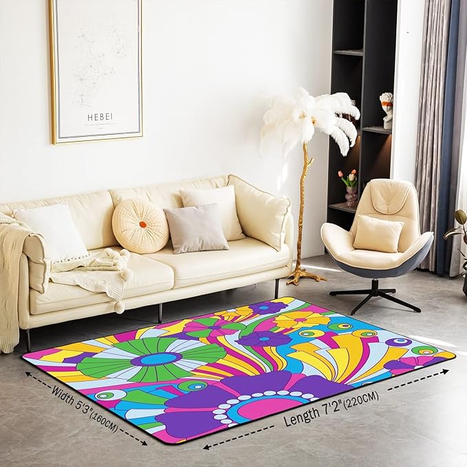 Psychedelic Flowers Area Rug 5x7 Hippie Rug Retro 60S 70S Groovy Power Floral Carpet for Kids Teen Adults Colorful Blossom Purple Green Trippy Non Slip Decorative Rug for Living Room