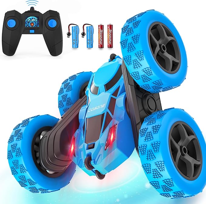 cosone Remote Control Car for Kids - RC Cars Boy Toys 4WD 2.4Ghz Double Sided 360° Rotating Rechargeable All Terrain Remote Car with LED Lights, Kids Boys Ideas - Blue