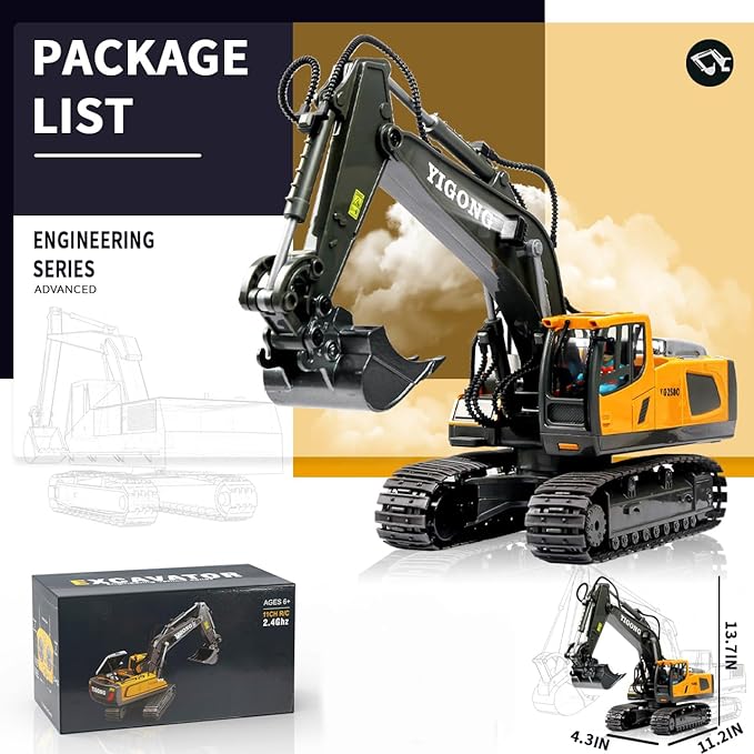 Remote Control Excavator Toy, Present for Boys 4 5 6 7 8 9 10 11 12 13 Year Old, RC Construction Toys with Metal Shovel, Lights, Sounds, 2.4Ghz, Turns 680 Degree - Christmas Birthday Gift