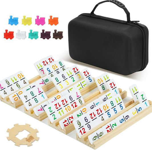 4 Player Games, Mexican Train Dominoes Set with Numbers, 4 Wooden Racks, 91 Tiles, Portable Case, D12 Dominos Set for Adults, Board Game for Adults, Easter Basket Stuffers, Easter Gifts for Men Women