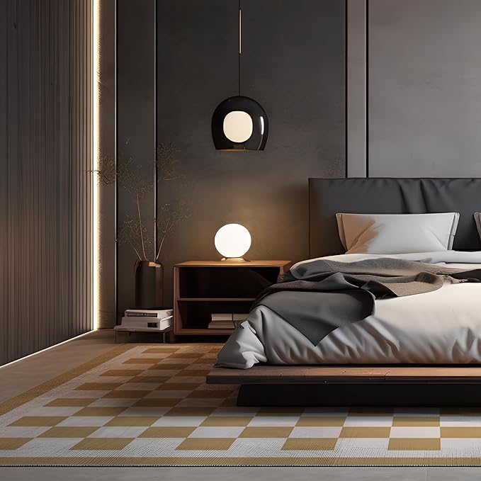 Washable 9x12 Checkered Area Rug for Living Room, Tan Brown Checkerboard Modern Boho Large Rugs, Ultra Thin Low Pile Lightweight Indoor Carpet with Non-Slip Backing for Bedroom Kids Nursery Play Room