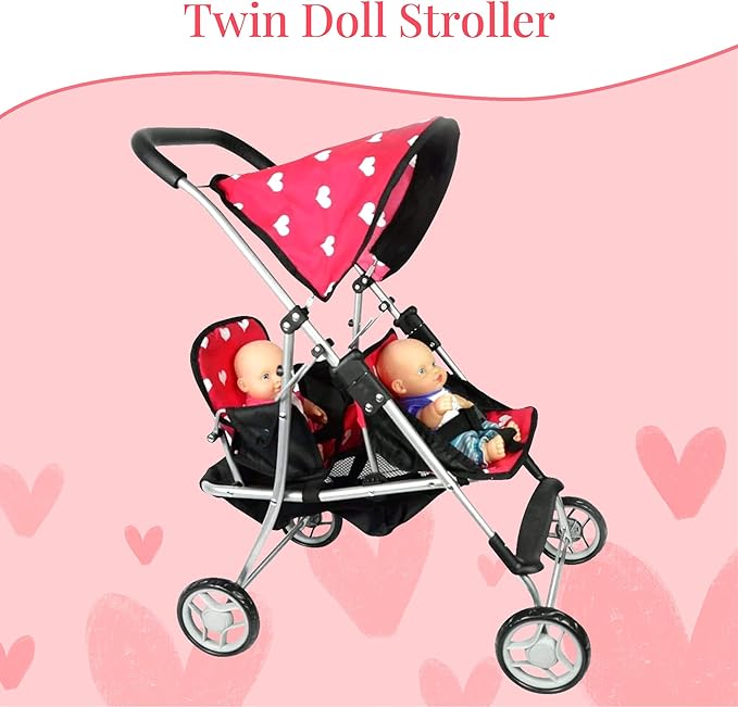 My First Doll Twin Stroller - Cutest Heart Design Doll Twins Stroller - Great Toy Gift for Girls