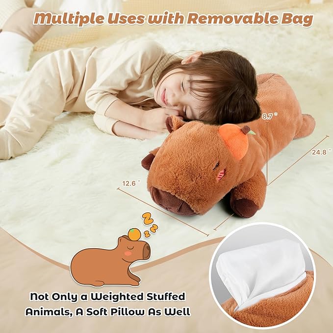 Bobbie & Laxi 25" & 4.5 lbs Capybara Weighted Stuffed Animals with Orange, Cuddly & Soft Kids' Plush Toy Pillows for Companion with Removable Ceramsite Bag, Gifts for Adults, Kids, Boys and Girls