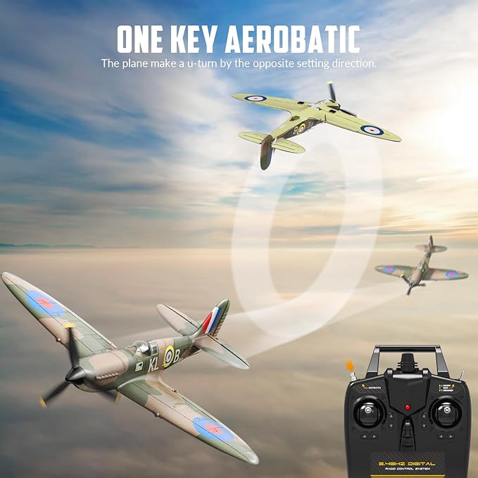 VOLANTEXRC RC Plane Spitfire Fighter 4CH Remote Control Airplane RTF with Aileron, Gyro, Aerobatics & 3 Modes to Fly, Hobby Radio Controlled Warbird Aircraft for Adults, Beginners, Boys (Green)