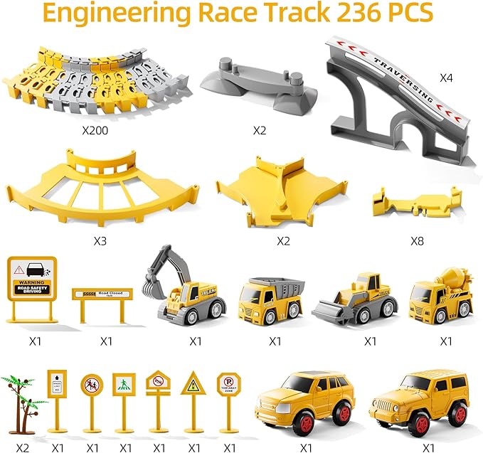 iHaHa Toddler Boy Toys 236 PCS Race Tracks Toys Gifts for 3 4 5 Year Old Boys Kids, 6 PCS Construction Car Toys Gifts for 2 3 4 5 Year Old Boys, Christmas Birthday Gifts Toys for 3 4 5 Year Old Boys