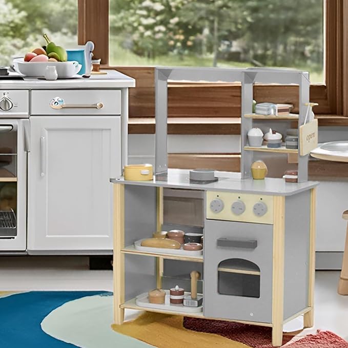 Wooden Play Kitchen Set for Kids, Kids Kitchen Playset Chef Pretend Cooking Set for Toddlers, Children Toys Kitchen with 28 Pcs Toy Bread & Bakeware Accessories