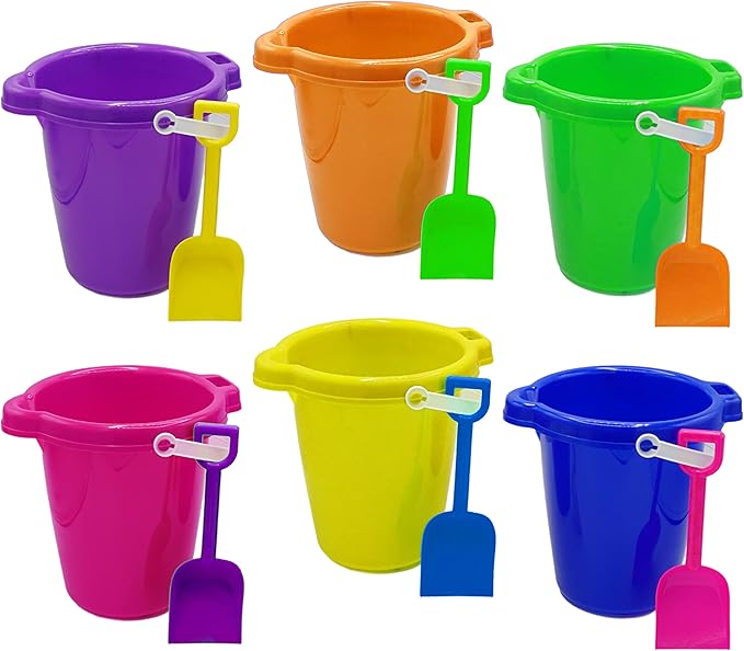 4E's Novelty 6 Pack 7.5" Beach Buckets and Shovels for Kids Bulk - Strong Large Sand Bucket for Toddler Beach Toys for Kids 3-10, SandBox Toys