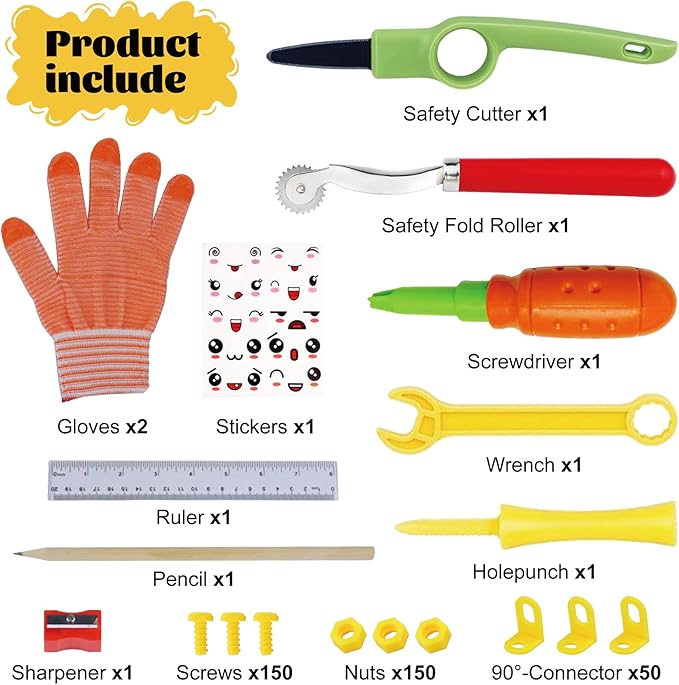 361 Piece Cardboard Construction Tools Kit for Kids: STEAM Building Toy Set with Cardboard Cutter Gloves Screws Nuts, Educational Craft Kit Gift for Boys Girls Age 5+, Great for Home Play + Classroom
