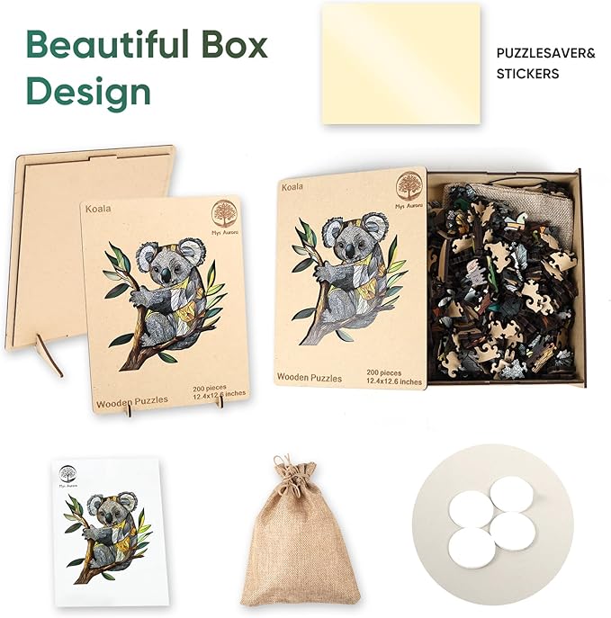 Wooden Puzzles for Adults, Koala Jigsaw Puzzles 200 Pieces, Unique Shaped Puzzle for Adults and Kids, Christmas Birthday Gift Family Game 12.4 x 12.6 Inch