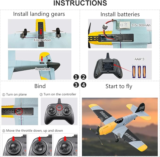 HAWK'S WORK 3 Channel RC Plane BF-109, Remote Control Airplane Ready to Fly, 2.4GHz 6-axis Gyro Stabilizer, Easy to Fly for Kids & Beginners