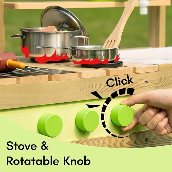 Giant bean Mud Kitchen Playset for Kids, Deluxe Wooden Toy Play Kitchen Set for Boys and Girls Ages 3-8 Indoor & Outdoor Activities, with Sand and Water Sink, Cookware Pots