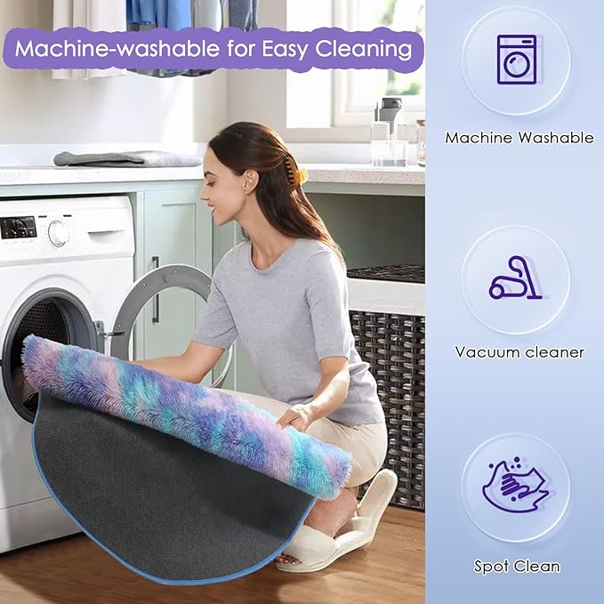 Amdrebio Purple Rainbow Round Rug 5Ft for Bedroom Girls Room Decor, Mermaid Stitch Frozen Kids Rugs for Playroom Nursery Dorm, Fluffy Fuzzy Cute Shag Carpet, Kawaii Circle Area Rugs for Baby Toddler