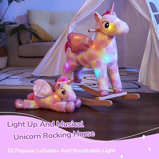 Glow Guards Light up Musical Unicorn Rocking Horse Set of 2 with Stuffed Rainbow Unicorn Toys Ride On Unicorn with Wooden Chair Gifts for Toddler Children Age 3-6