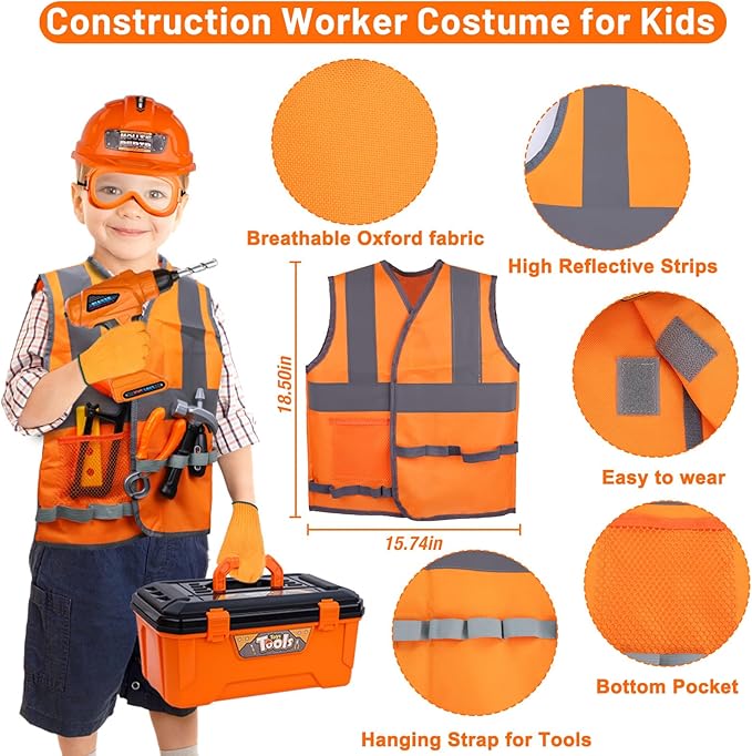 Kids Tool Set,MAGIC4U 50PCS Toddler Tool Set with Electronic Toy Drill,Tape Measure 12 Tool Equipements,Pretend Play Construction Coustume with Safety Vest Hat,Toy Tool Box for Kids Boy Girl Age 3-8