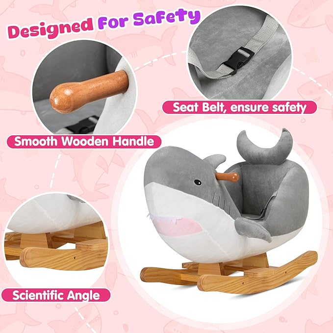 Glow Guards Grey Shark Rocking Horse with Chair Muical Light up Shark Stuffed Animal for Ages 1-3 Toddlers Kids Babies Ride Toy Birthday Christmas