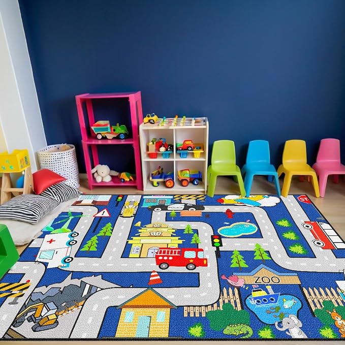 Kids Carpet Playmat Rug - Kids Car Rug Play Mat, City Life Map Car Mat for Kids Toy Educational Play Traffic Road Carpet for Bedroom (Sky Blue, 2.5x4 Feet)