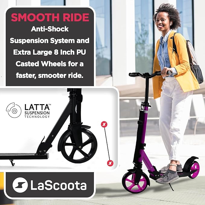 LaScoota Kick Scooter for Kids Ages 6+, Teens & Adults, Large 8" Sturdy Urethane Wheels. Adjustable Handlebar, Lightweight, Foldable, 220lbs Max Load