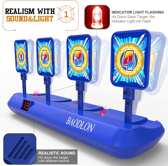 BAODLON Digital Shooting Targets with Foam Dart Toy Gun, Electronic Scoring Auto Reset 4 Targets, Shooting Game Toys Gifts for Age of 5, 6, 7, 8, 9, 10+ Years Old Kids, Boys, Compatible with 2 Toy Gun