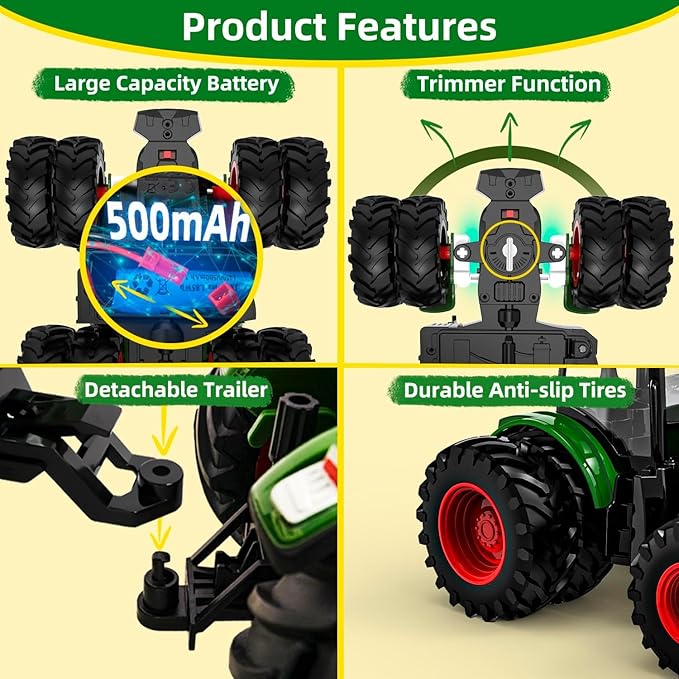 Remote Control Tractor Toy, 2.4 Ghz RC Tractor Toys for Kids 3-5, Toy Tractors Set with Trailer and Light/Loading Arm, Farm Animal Toys Include Cows, Sheep and Hay Bales, Toys for Boys 5-7