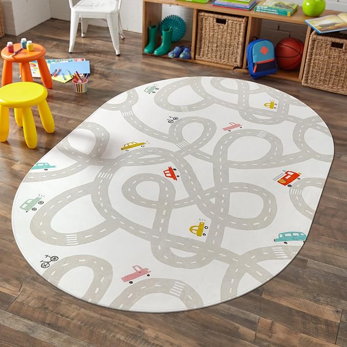 LIVEBOX Grey Car Rug for Playroom, 5'X7' Kids Play Mat for Boys and Girls, Large Road Traffice Rugs for Nursery, Washable Kids Rug Non-Slip Toy Car Mat for Bedroom Toddler Room