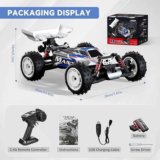 1/16 Fast Remote Control Monster Truck, High Speed RC Car with 48 mph Offroad Buggy, 2 Sets of Rechargeable Batteries (Blue)