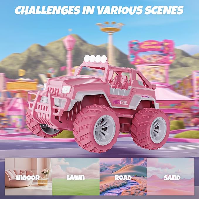 BEZGAR Remote Control Car for Girls - 1:16 Pink RC Cars with 2 Dolls & 4 Windmills, 2.4GHz with LED Lights, 80 Mins Play with Rechargeable Battery, Monster Truck Jeep Toys Birthday Gifts for Kids