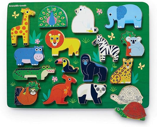 Crocodile Creek Wood Puzzle and Playset, 16 Chunky Wooden Pieces Stand-Up with Play Scene on The Back, for Ages 2+, Zoo Animals