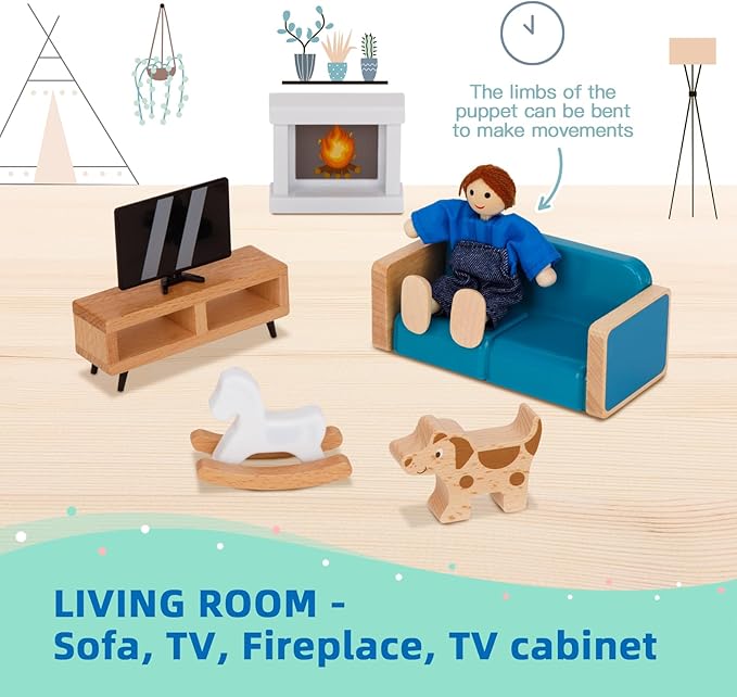 Wooden Dollhouse Furniture Set for Kids, 26 Pcs Dollhouse Accessories with 4 Family Dolls and Dog, Miniature Doll House Furniture Toys Pretend Play Set for G irls Boys Age 3+