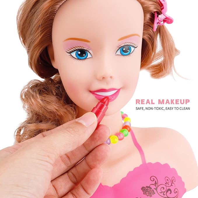 Makeup and Hair Styling Doll Head Toy Kit - Kids Pretend Play Set with Real Washable Cosmetics and Style Accessories for Little Girls