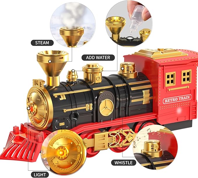 TEMI Train Set for Kids Toddlers 3-5, Train with Steam Engine, Cargo Car and Long Track, Rechargeable Battery Play Red Train Toys with Smoke, Light & Sounds, Gift for Boys & Girls 4-7 Years