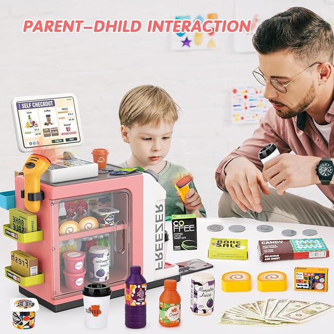 46PCS Cash Register Playset for Kids Pretend Play Coffee Machine with Water Outlet Function, Mini Supermarket Grocery Store with Money, Scanner,Play Foods, Gift for Boys and Girls (Pink)