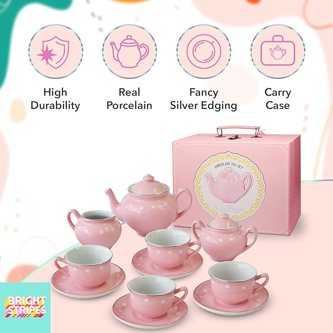 Bright Stripes Porcelain Tea Set for Kids - Premium Quality Pretend Play Set - 4 Tea Cups, 4 Saucers, Tea Pot, Sugar Pot, Creamer - Ideal Kids Tea Sets for Girls